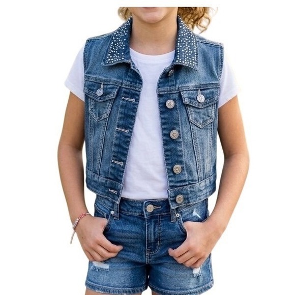 Justice Other - Justice Girls Blue Denim Vest Rhinestone Collar Cropped Jean Jacket Casual Sz 10